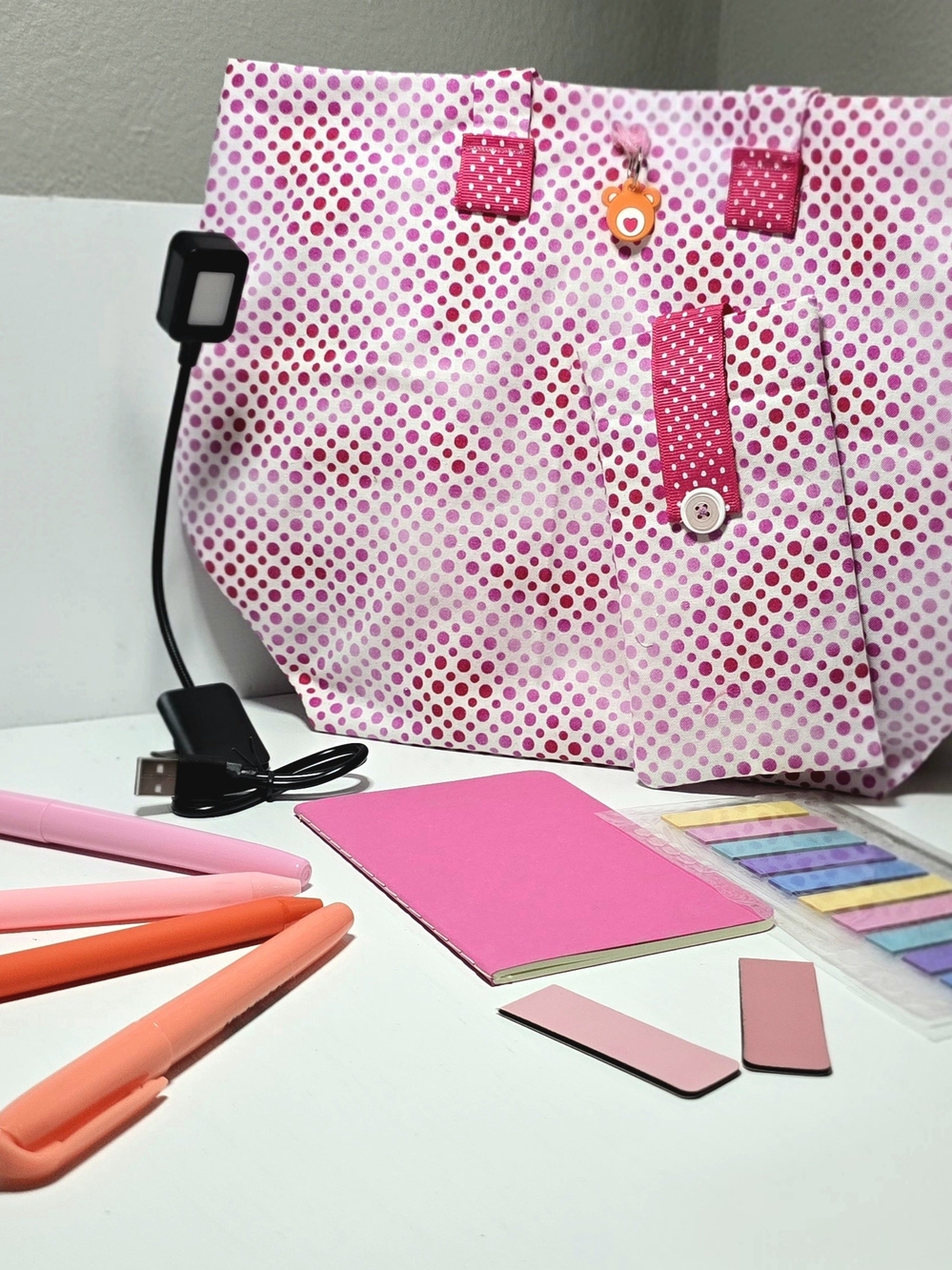 Book Lover Pink Polka Dot Mini Tote Bag with Matching Accessories